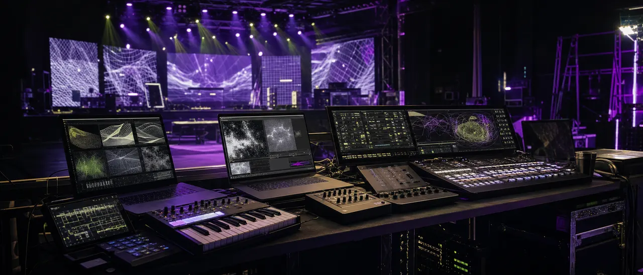 Live visuals training workstation with laptops, controllers, media server desk and stage screens